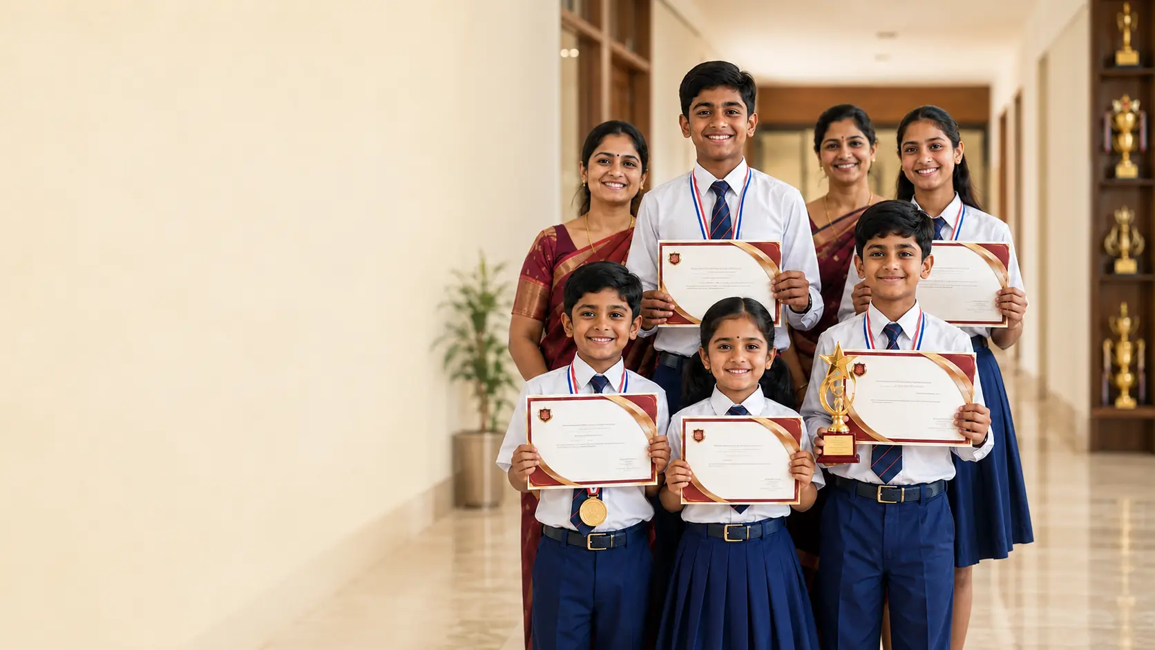 ISTSE toppers, students and teachers holding certificates and awards